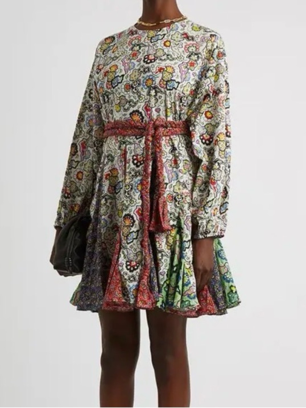RHODE WHITE GREEN RED BLUE PRINT LONG SLEEVE ELLA DRESS BRAIDED TIE BELT MEDIUM